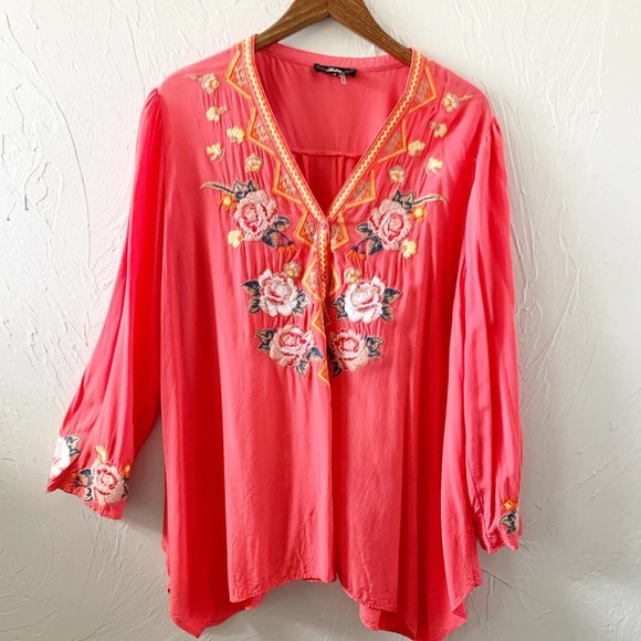 Andrée by Unit Embroidered Blouse Coral Pink 1X - Picture 3 of 8